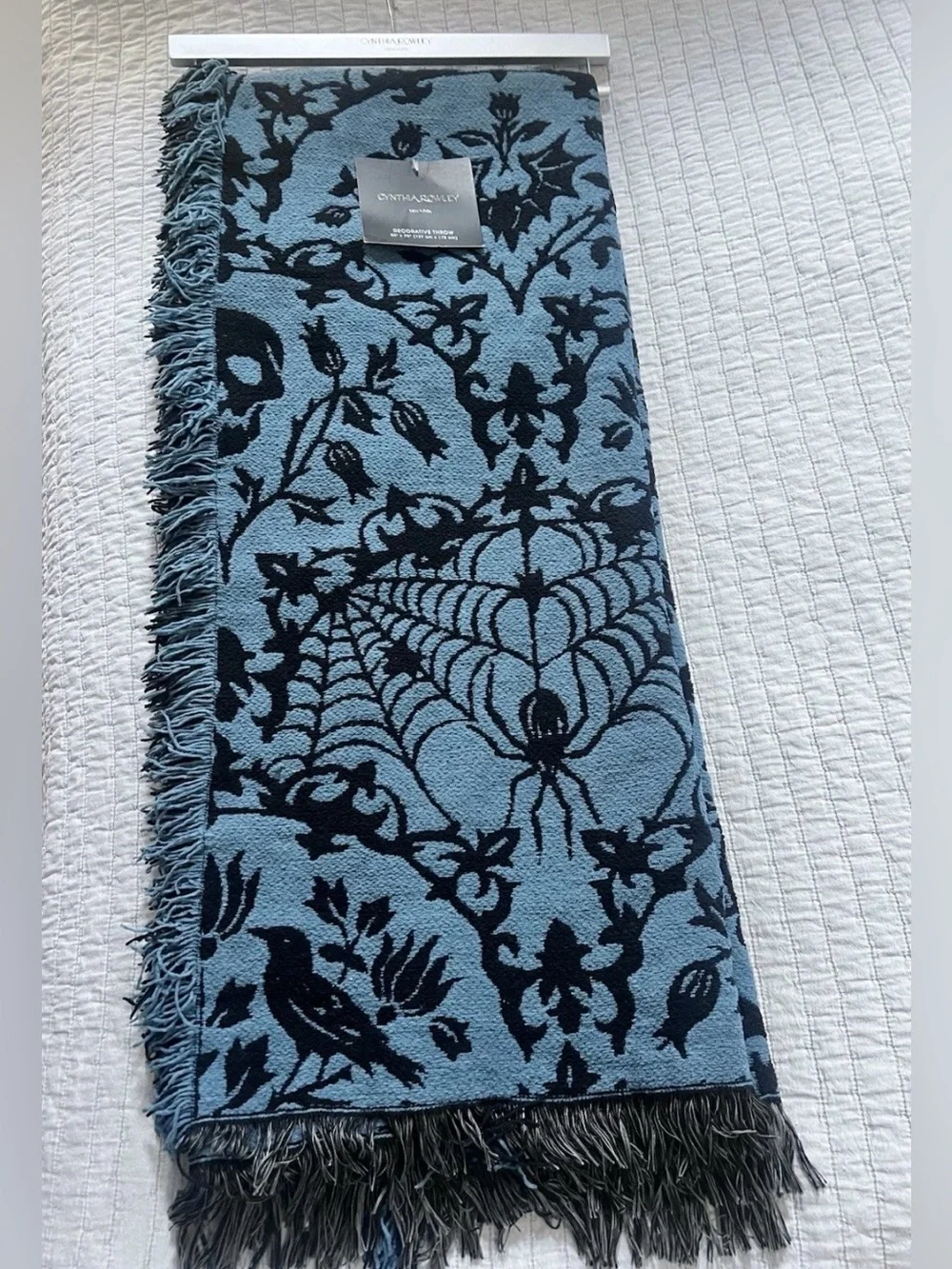 Cynthia Rowley Throw Blanket 50x70 Teal  Damask Spider Skull Raven Halloween